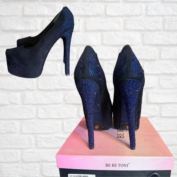 Navy Suede Rhinestone Platform Heels Sparkly Blue Crystal Pumps NYE Party Bling - Picture 2 of 10